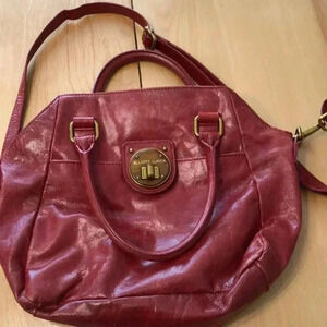 Elliott Lucca red leather satchel with double top handles and crossbody strap